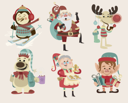 6 Christmas childlike cartoon characters vector material
