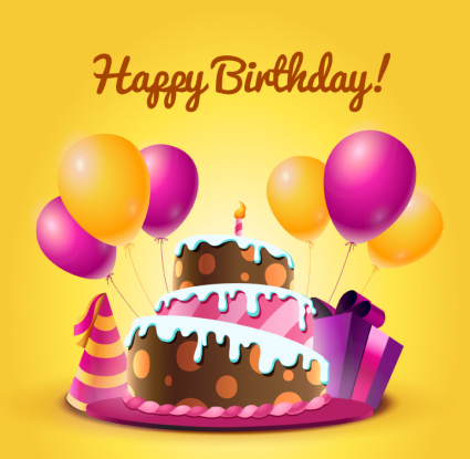 Cartoon birthday cake and balloons vector material
