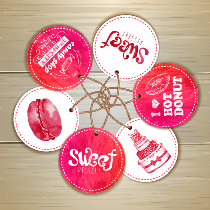 Round watercolor Dessert tag vector material
