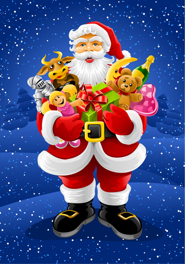 Santa Claus, teddy bear, toy cattle, champagne, gifts, Christmas hat