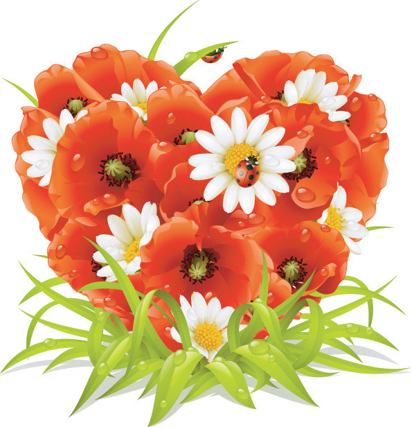 Flowers and heart-shaped vector material composition