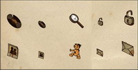 Traps, pencils, trash, pictures, magnifying glass